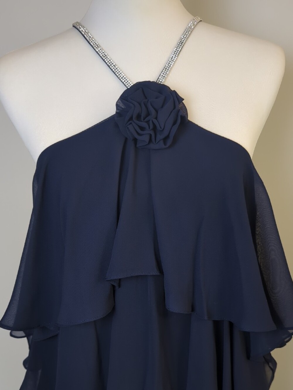NWT MSK Navy Blue Rhinestone Halter Tiered Chiffon Top Rosette Blouse XL - Picture 13 of 15